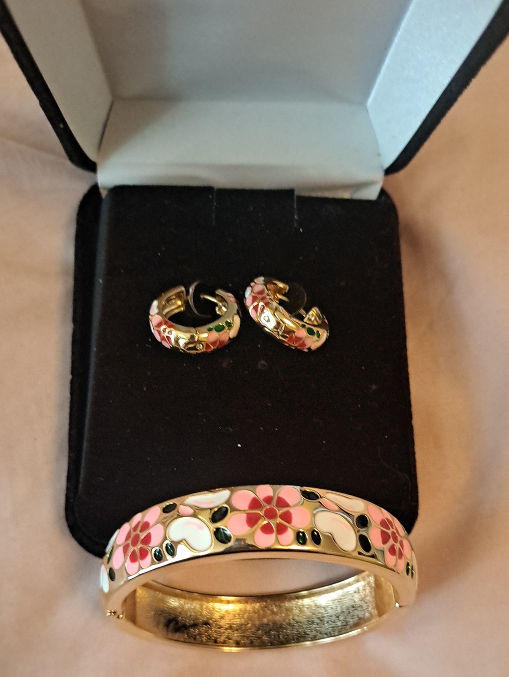 Gold-Tone Floral Enamel Bracelet and Hoop Earrings in Pink and Green